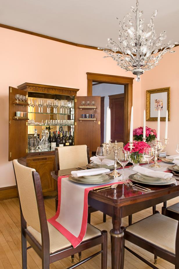 Peach-Hued Traditional Dining Room With Elegant Chandelier | HGTV