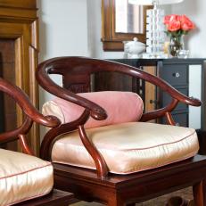 Cherry Wood U-Back Chairs With Pink Bolster Pillows 
