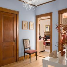Transitional Light Blue Hall With Contemporary Glass Chandelier