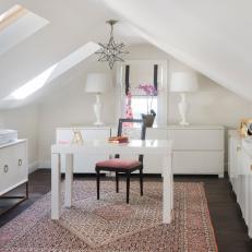 White Home Office With Cathedral Ceiling and Skylights
