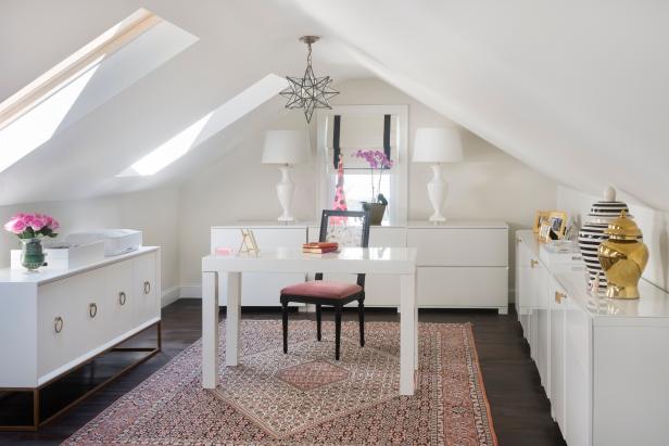 White Home Office With Cathedral Ceiling And Skylights Hgtv