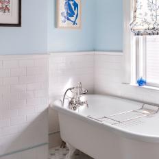 Blue and White Traditional Bathroom With Tub