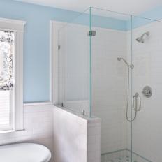 Blue and White Bathroom With Glass Mosaic Floor Tile