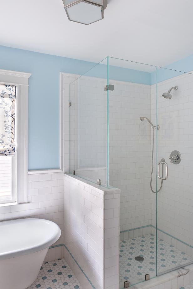 Blue and White Bathroom With Glass Mosaic Floor Tile | HGTV