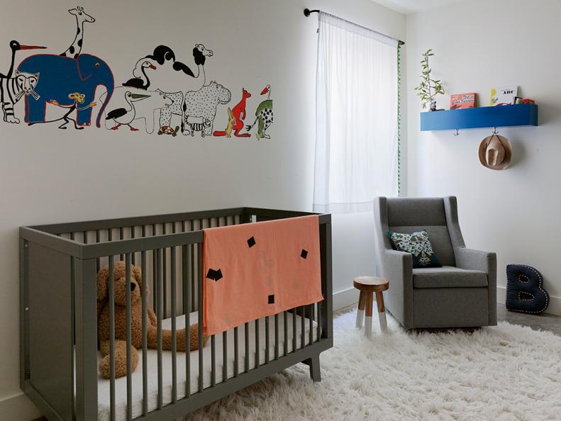 White Modern Nursery With Animal Wall Art, Forest Green Crib