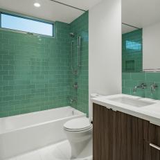 Bold Modern Bathroom With Turquoise Glass Tiles