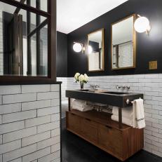 Black Bathroom With Wood Vanity