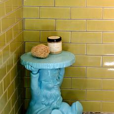 Painted Gnome Stool in Chartreuse Tile Shower