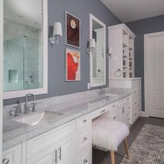 Gray Master Bathroom With White Vanity