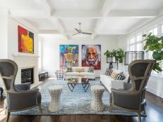 White Eclectic Living Room With Art