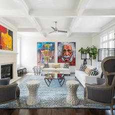 White Eclectic Living Room With Art
