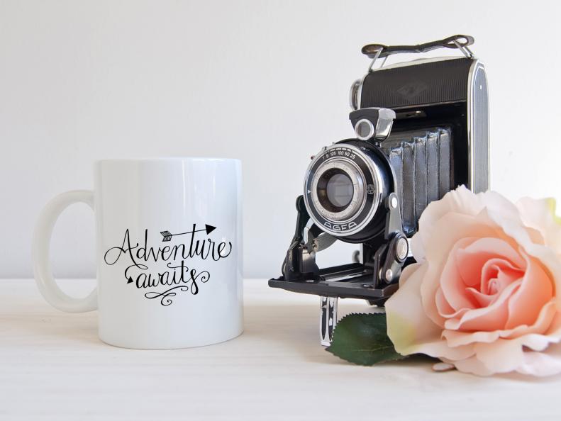 White Coffee Mug With Adventure Awaits Vinyl Decal