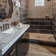 Stylish, Gray Bathroom With Black & White Walk-In Shower