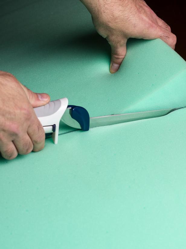 Measure 3â dense foam to fit your table top. You may have to cut a few pieces to fit correctly. Mark the foam with a marker and cut with an electric bread knife. Note: you can cut by hand with a utility knife, but a bread knife will produce better results