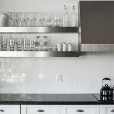 Fresh, White Kitchen With Stainless Steel Shelves