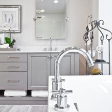 Contemporary Bathroom With Gray Cabinets, Mounted Vanity Mirror and Under Cabinet Towel Shelf 