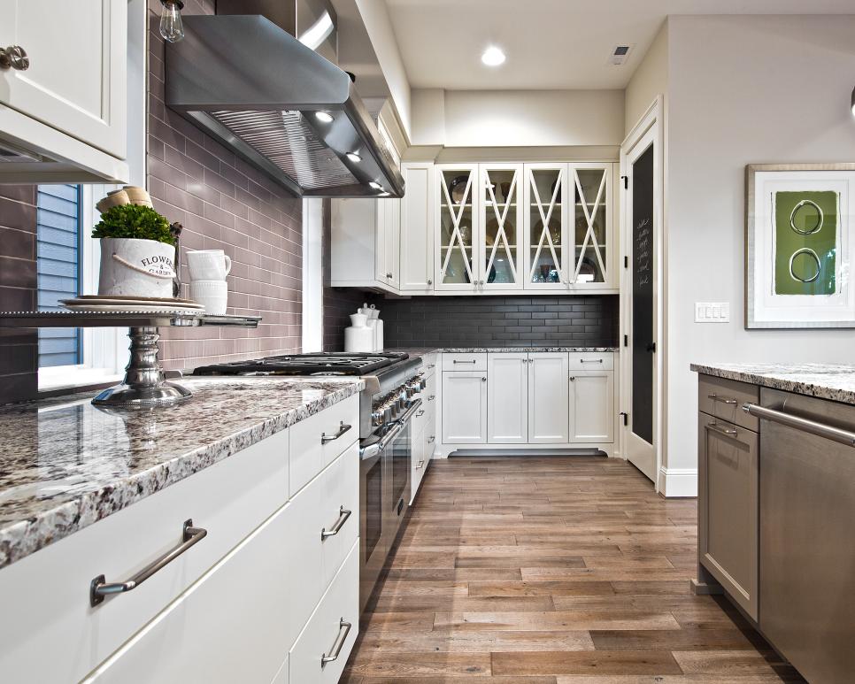 Contemporary Kitchen With Light and Dark Subway Tile Backsplash, Neutral and Black Granite ...