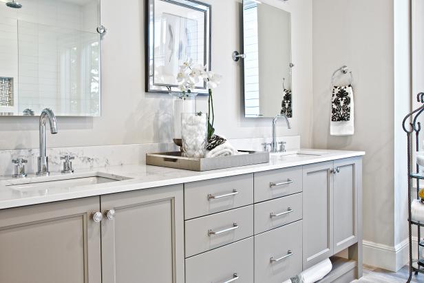 Bright Transitional Double Vanity, Gray Cabinets White Marble Countertops