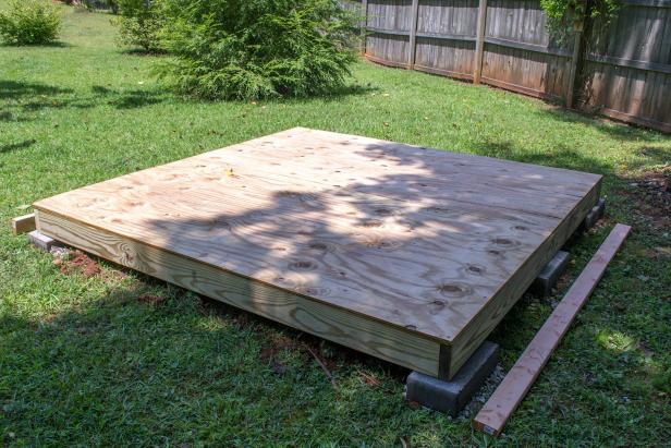 Attach the plywood floor using 2-inch exterior screws spaced twelve inches apart around the edges and along the joists.