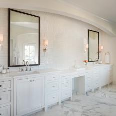 White Master Bathroom With Marble Floor