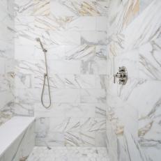 Gray and Gold Marble Walk-In Shower