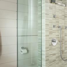 Shower With Gray Tile Backsplash