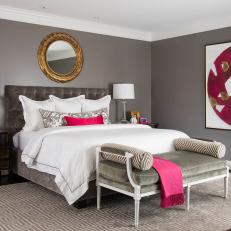 Gray Transitional Master Bedroom With Pink Art
