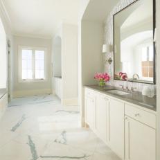 Long, Transitional White Bathroom With Arched Vanity Cubbies, Vertical Tile Backsplash and Marble Floor