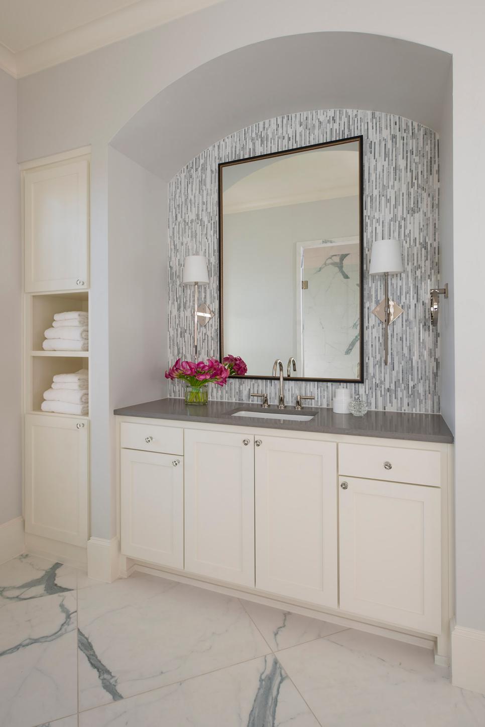 Arched Bathroom Vanity With Vertical Tile Backsplash, Gray Countertop