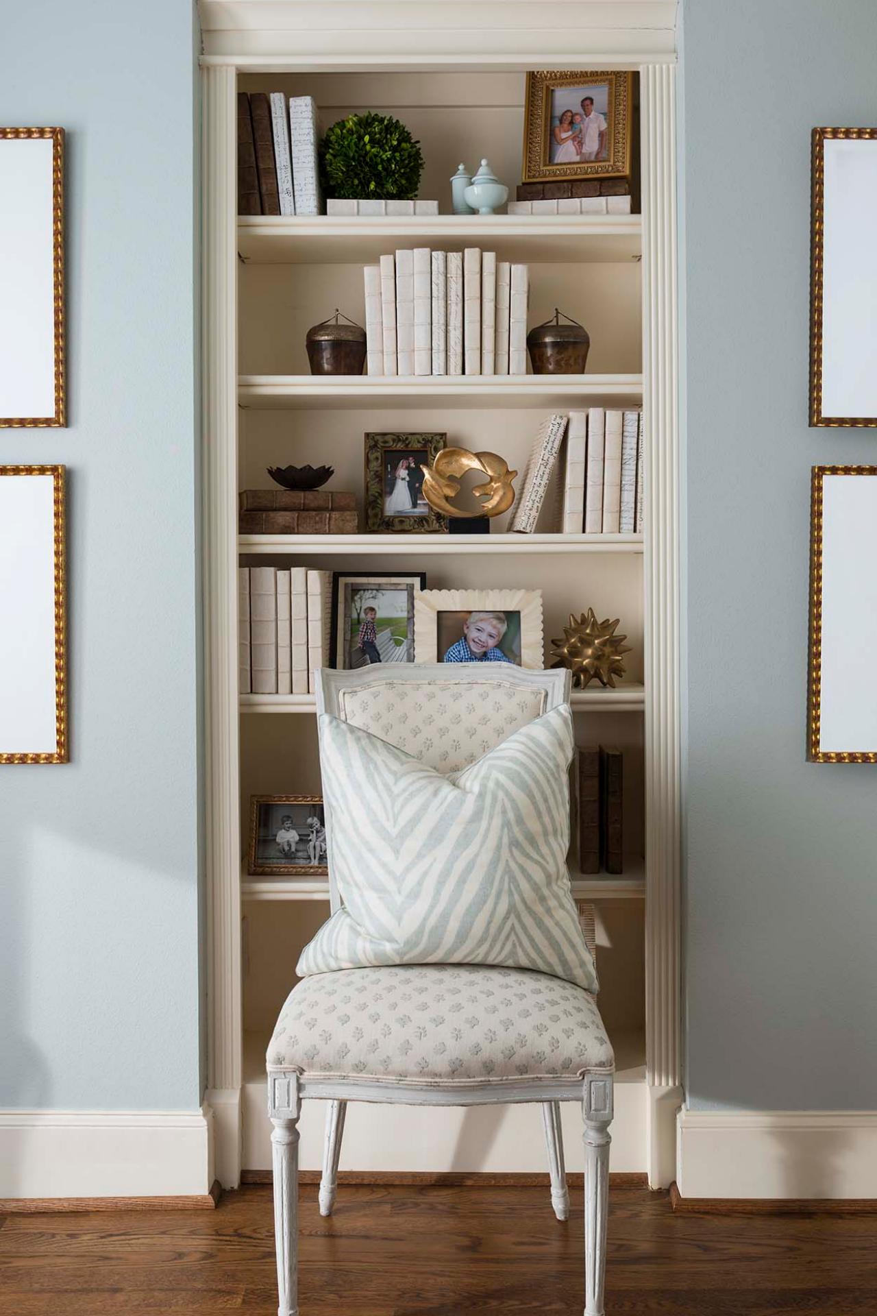 Traditional Sitting Space With Baby Blue Wall Built In Bookshelf