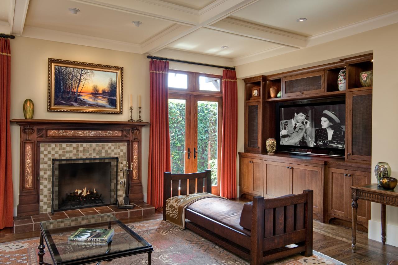 Craftsman Living Room Featuring Built In Wood Entertainment System