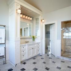 White Master Bathroom With Monogrammed Towels