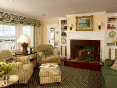 Yellow and Green French Country Living Room With Plaid Chairs