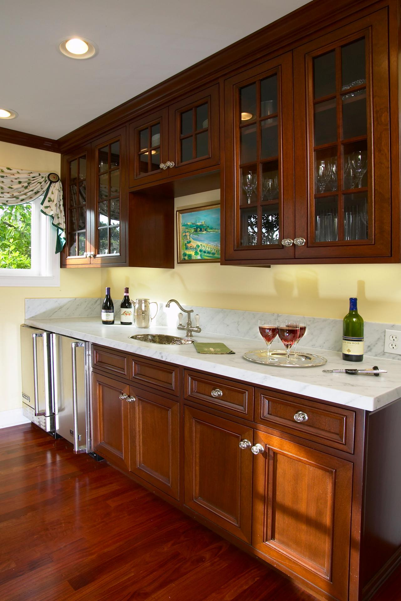 Yellow Traditional Wet Bar With Mini Fridge | HGTV