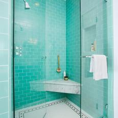 Teal Subway Tile Shower Adds Pop of Color to Tudor Home's Black and White Bathroom