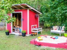 Red Shed Playhouse with Sandbox and Bench