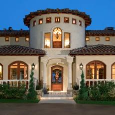 Gorgeous Italian Villa Front Entrance With Arched French Doors, Column Framed Front Door and Exterior Sconces 