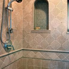 Photos Hgtv Neutral Marble Tile Shower With Diamond Pattern Upper Half And Built In Storage Cubbies Small Corner Seat