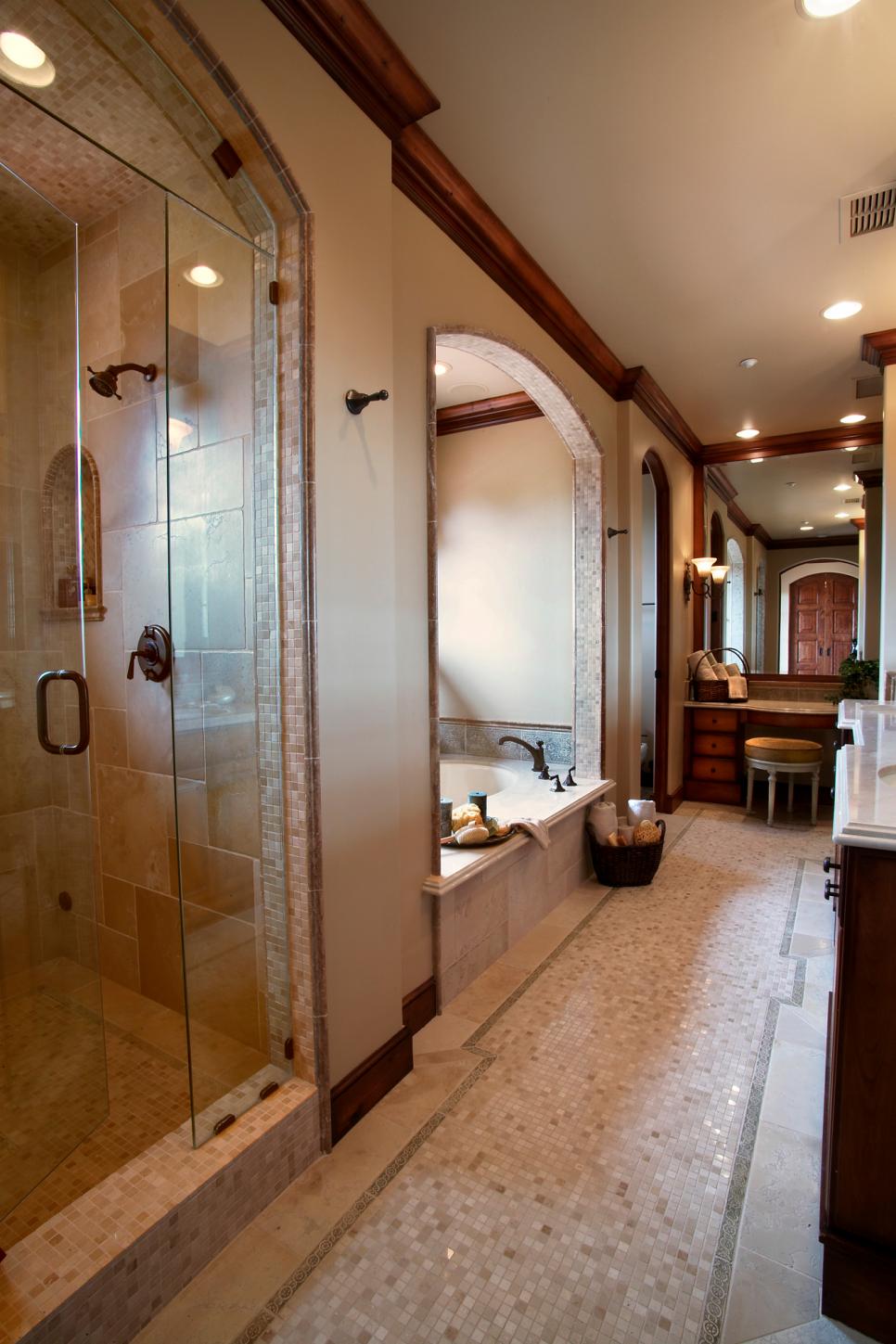 Long Master Bathroom With Small Tile Floor, Glass Door Shower and