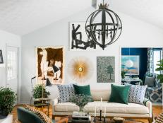 White Transitional Living Room With Globe Pendant Light