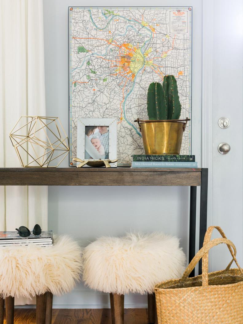 Entryway Console Table With Map Above and Stools Below