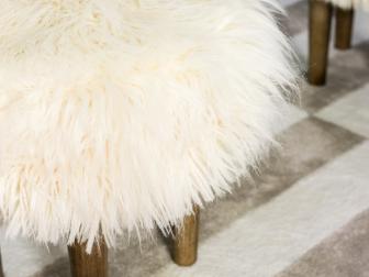 Pair of White Sheepskin Stools With Wood Legs