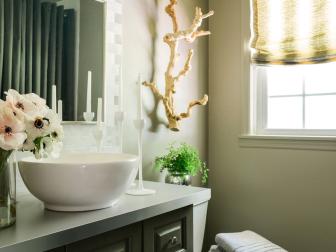 Neutral Transitional Powder Room With Vessel Sink-Topped Vanity
