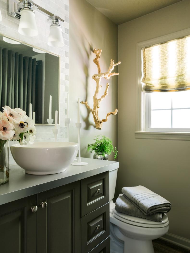 Neutral Transitional Powder Room With Vessel Sink-Topped Vanity
