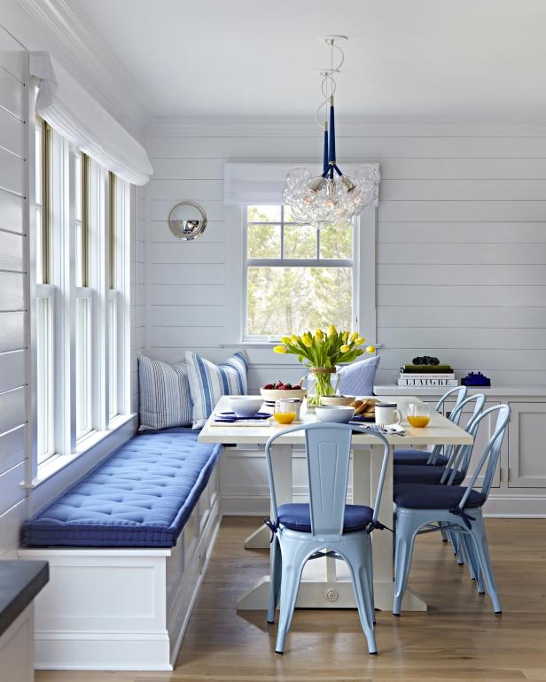 White Coastal Breakfast Room With Blue Chairs, Built-In Banquette