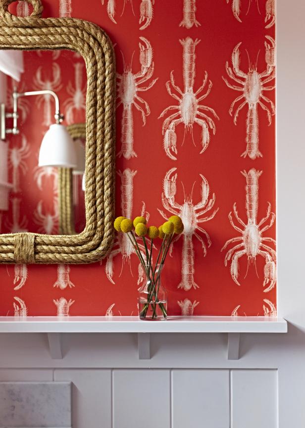 Red and White Lobster Wallpaper in Coastal Bathroom