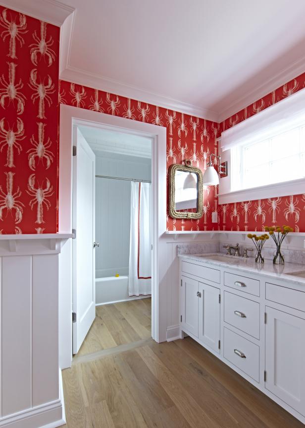 Bold Lobster Wallpaper in Coastal Bathroom HGTV