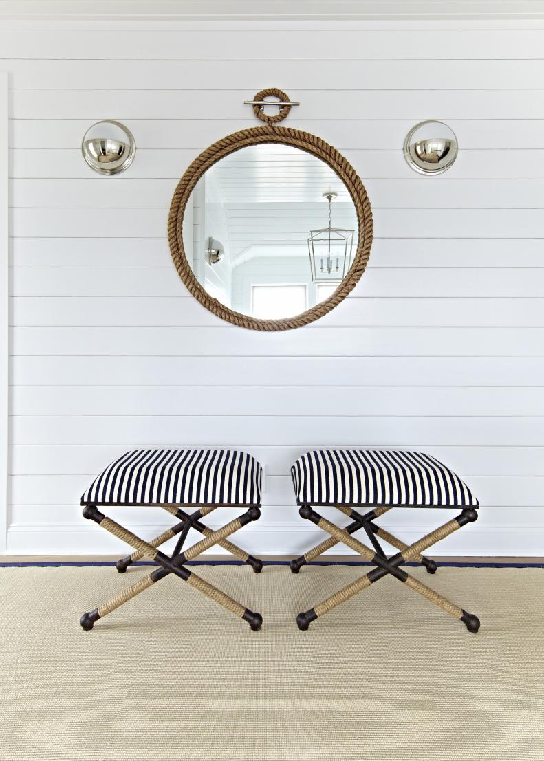 White Coastal Space With Black & White Stripe Stools, Round Mirror