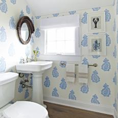 Coastal Powder Room With Ivory & Blue Paisley Wallpaper