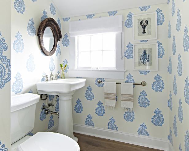 Coastal Powder Room With Ivory & Blue Paisley Wallpaper | HGTV